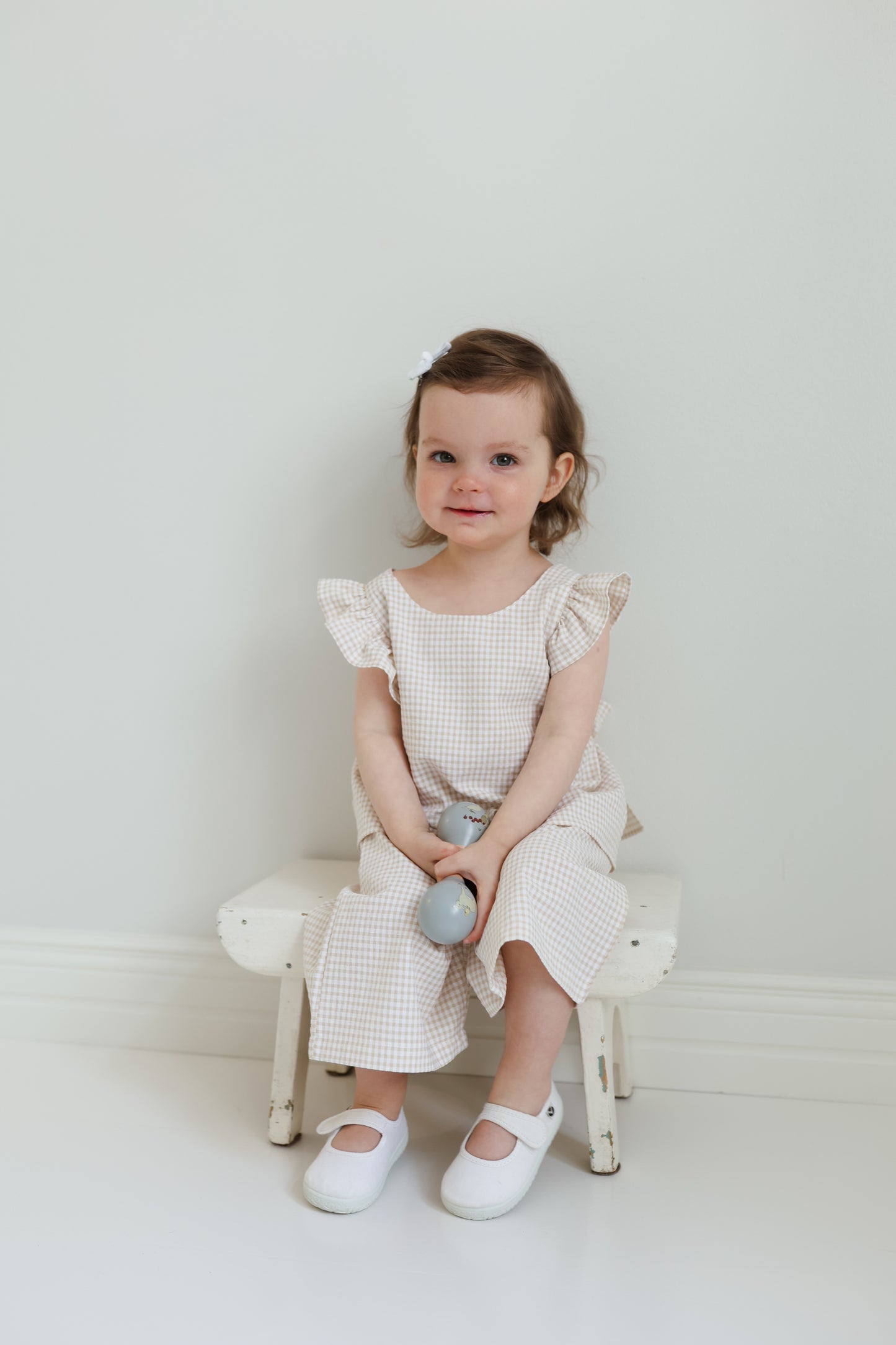 Ines bow top and culottes set in beige gingham
