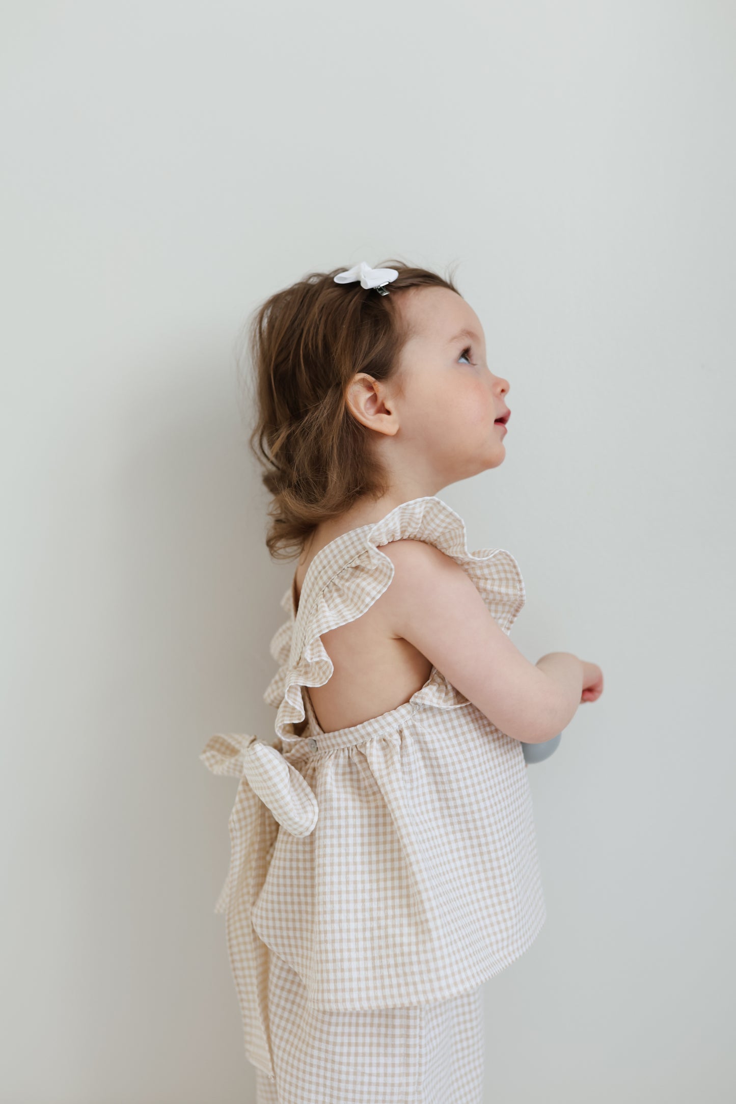 Ines bow top and culottes set in beige gingham