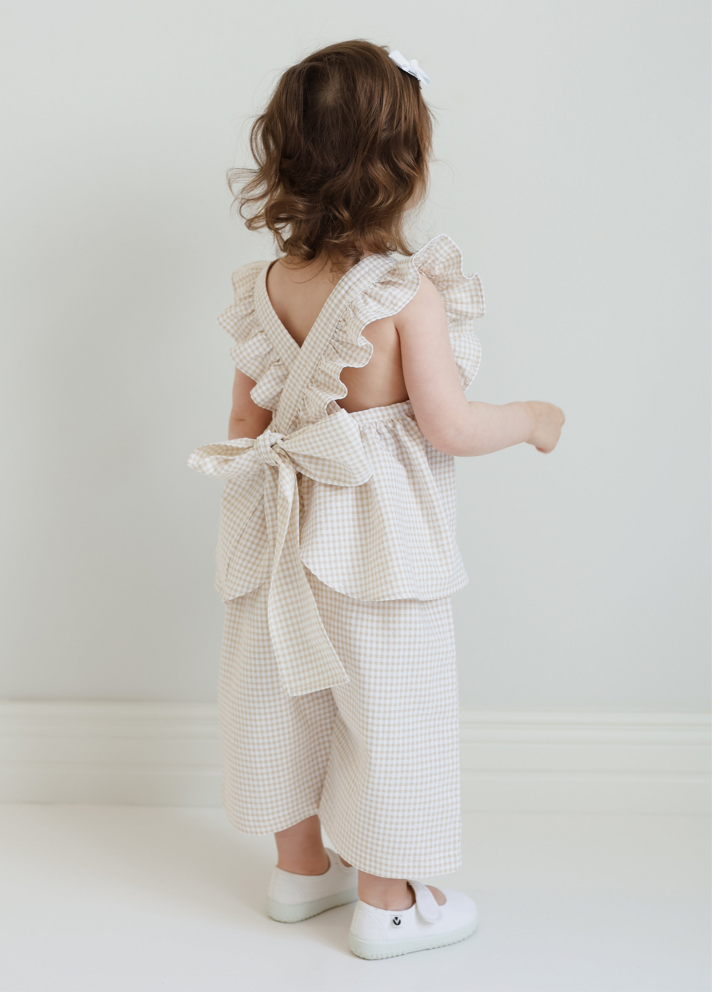 Ines bow top and culottes set in beige gingham
