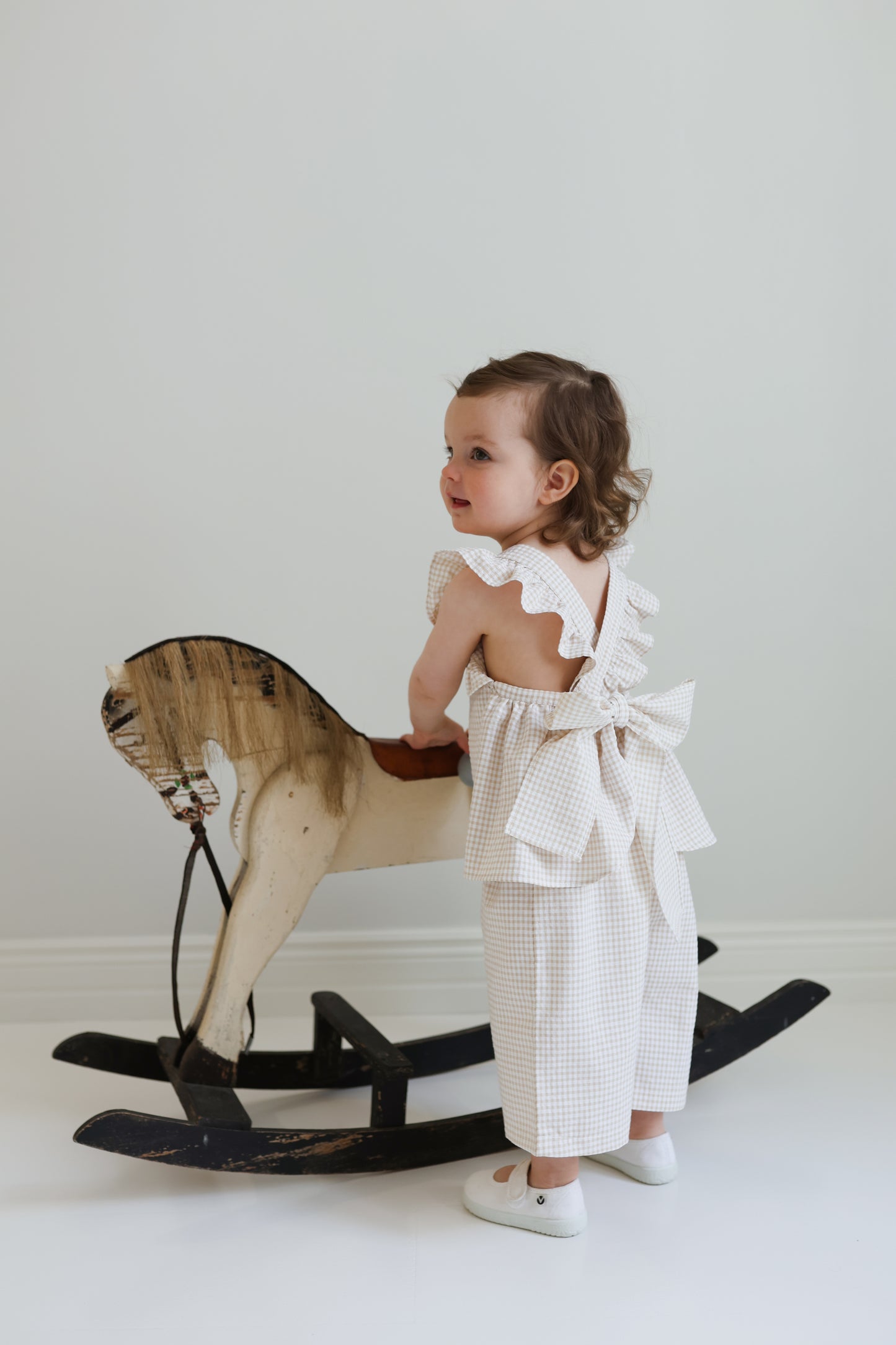 Ines bow top and culottes set in beige gingham