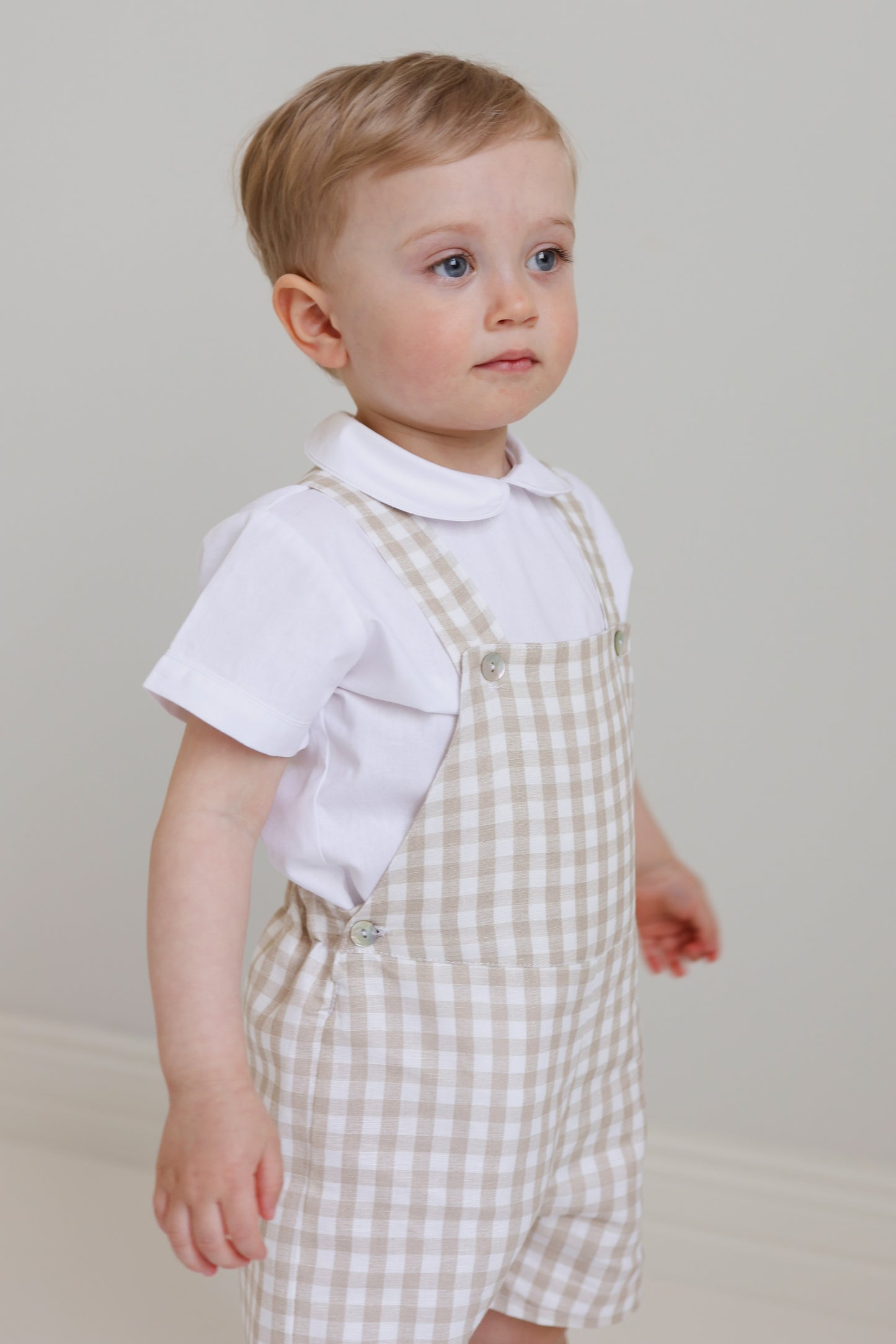 Raphael dungaree in beige gingham check