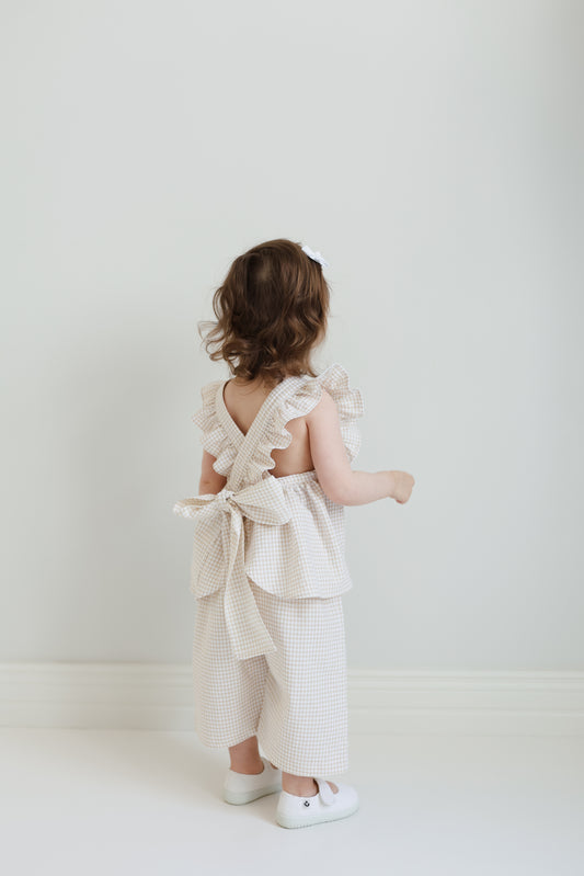 Ines bow top and culottes set in beige gingham